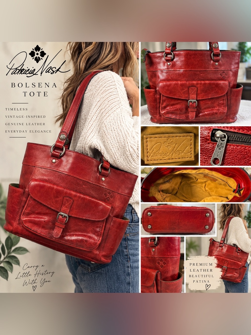 Patricia Nash Bolsena Red Distressed Leather Tote Shoulder Bag Vintage Inspired